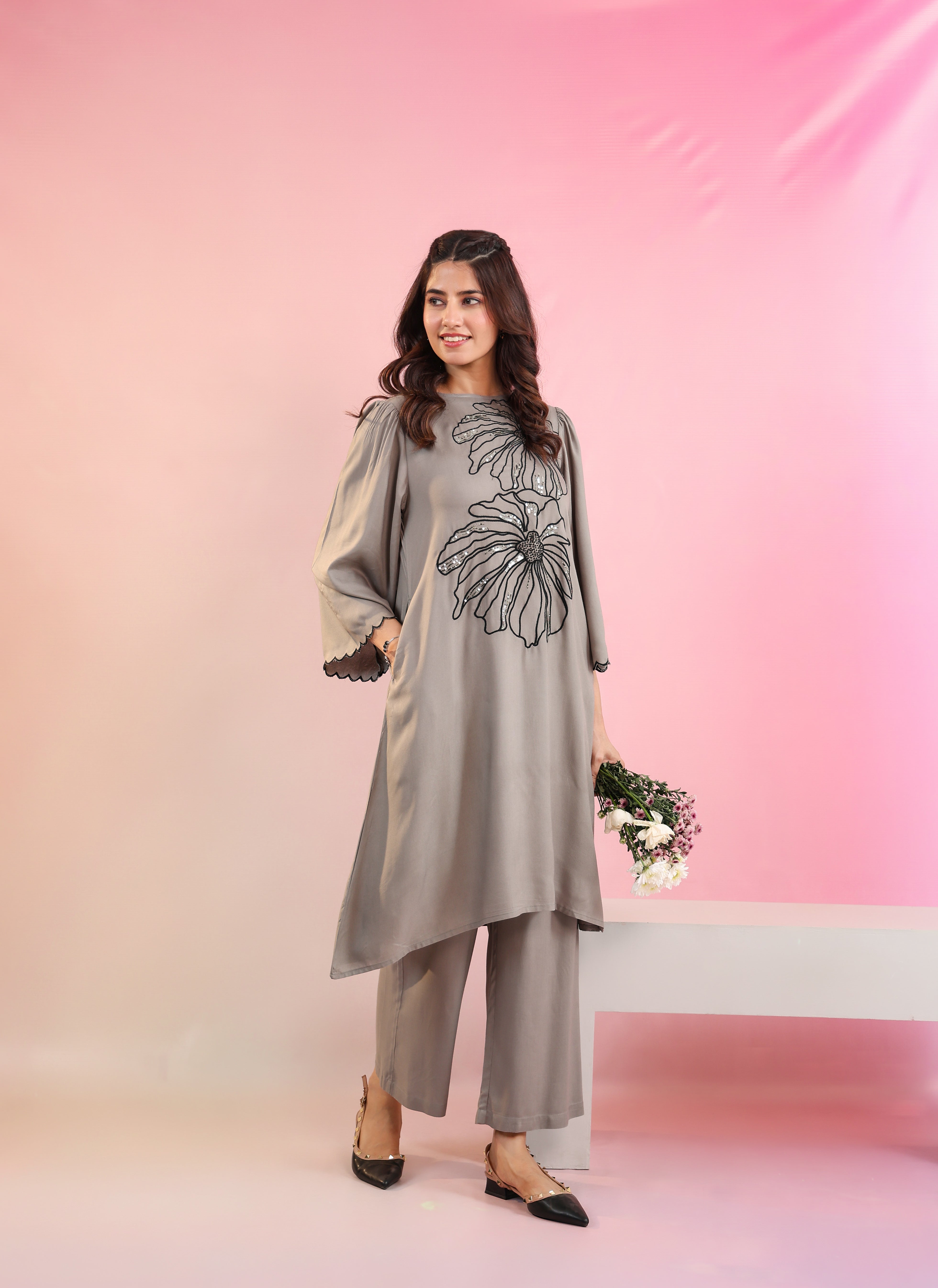 Grey Embroidery Rayon-staple cotton Round neck Kurta with Straight Pant set for Women