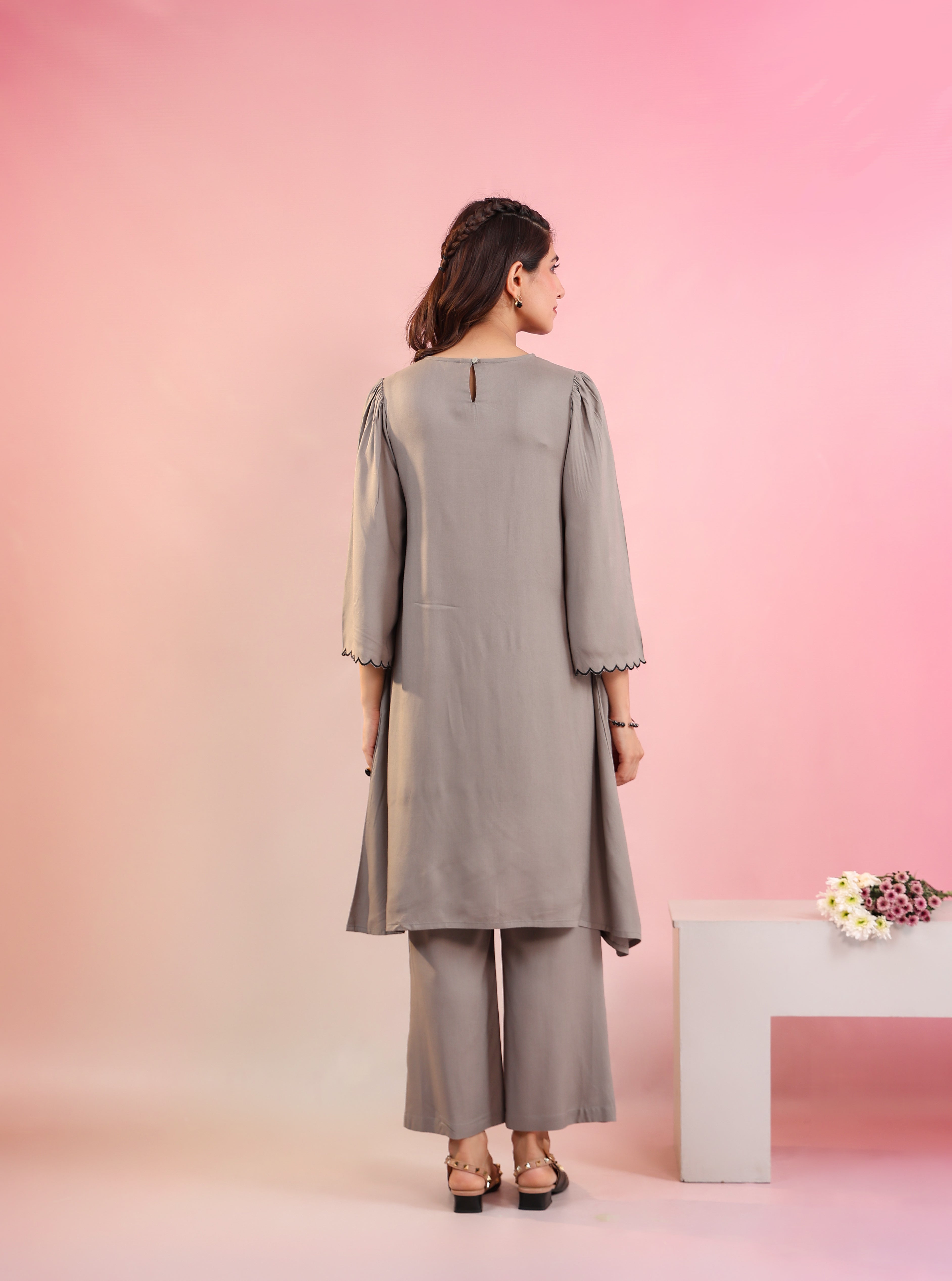 Grey Embroidery Rayon-staple cotton Round neck Kurta with Straight Pant set for Women