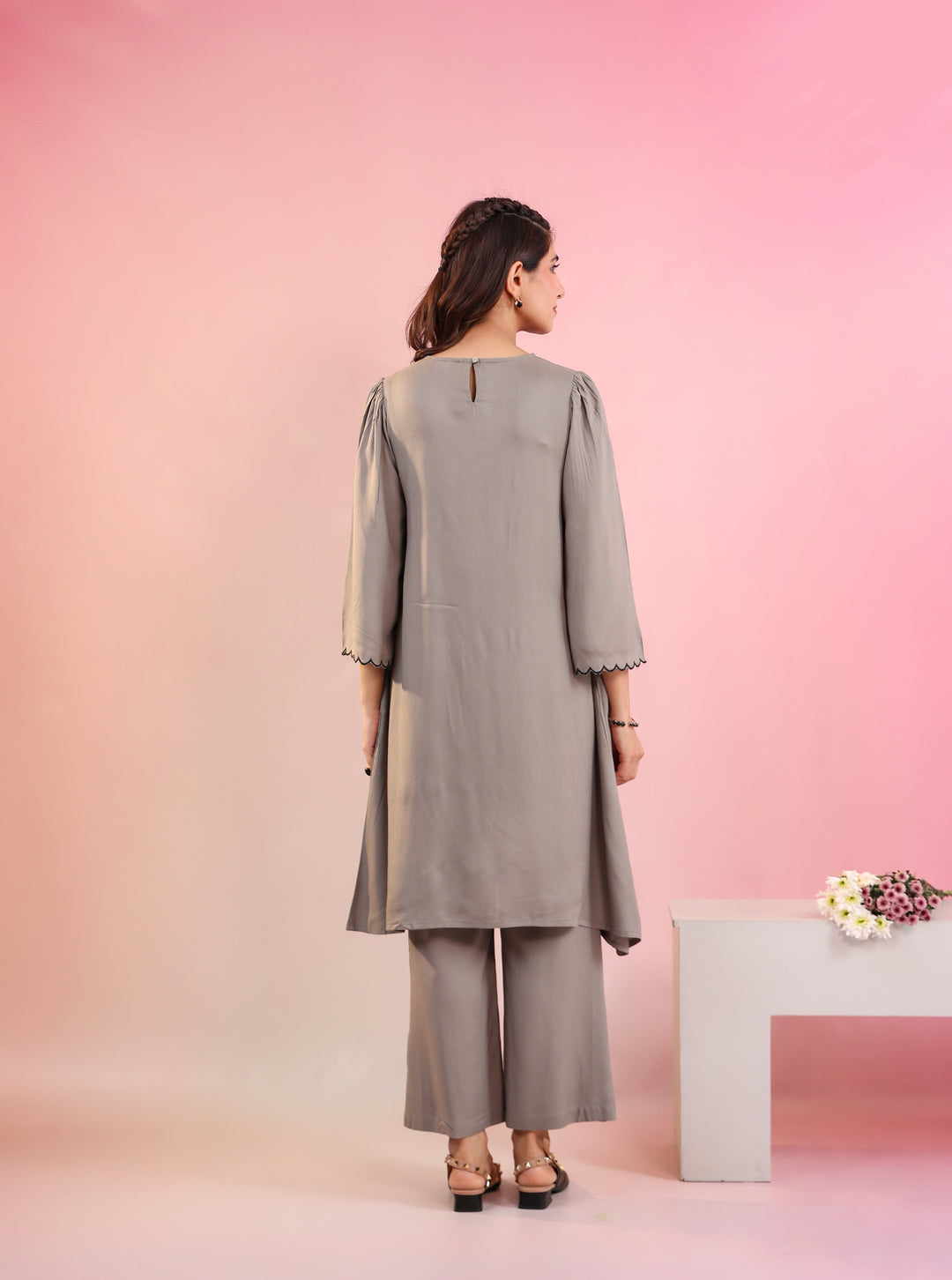 Grey Embroidery Rayon-staple cotton Round neck Kurta with Straight Pant set for Women
