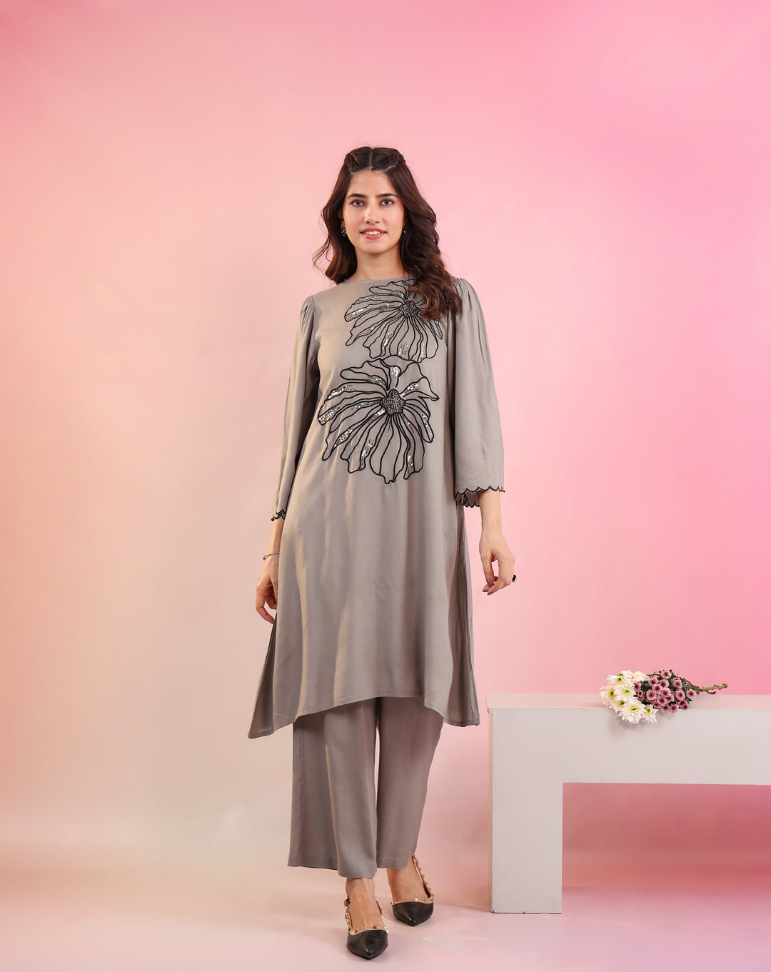 Grey Embroidery Rayon-staple cotton Round neck Kurta with Straight Pant set for Women