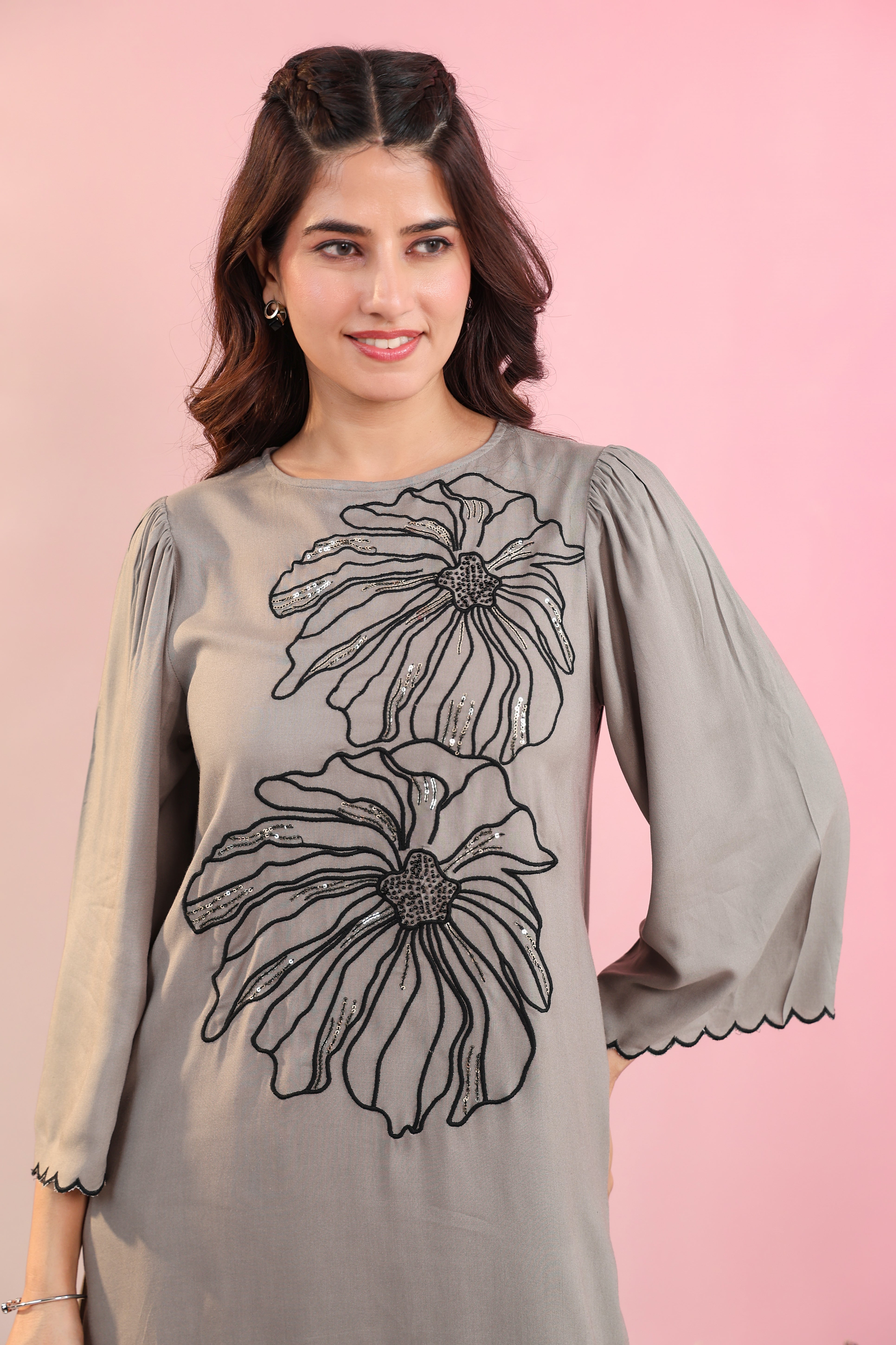 Grey Embroidery Rayon-staple cotton Round neck Kurta with Straight Pant set for Women