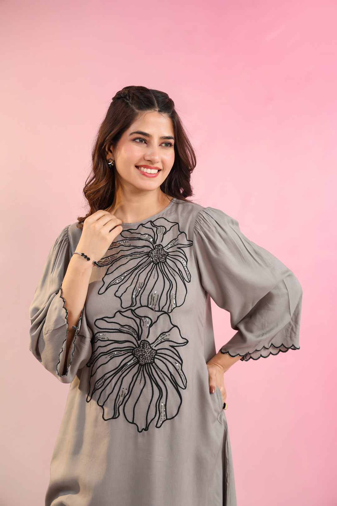 Grey Embroidery Rayon-staple cotton Round neck Kurta with Straight Pant set for Women