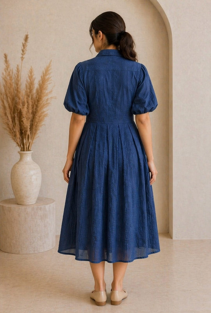 Custard Women's Navy Blue Cotton Embroidered Midi Dress