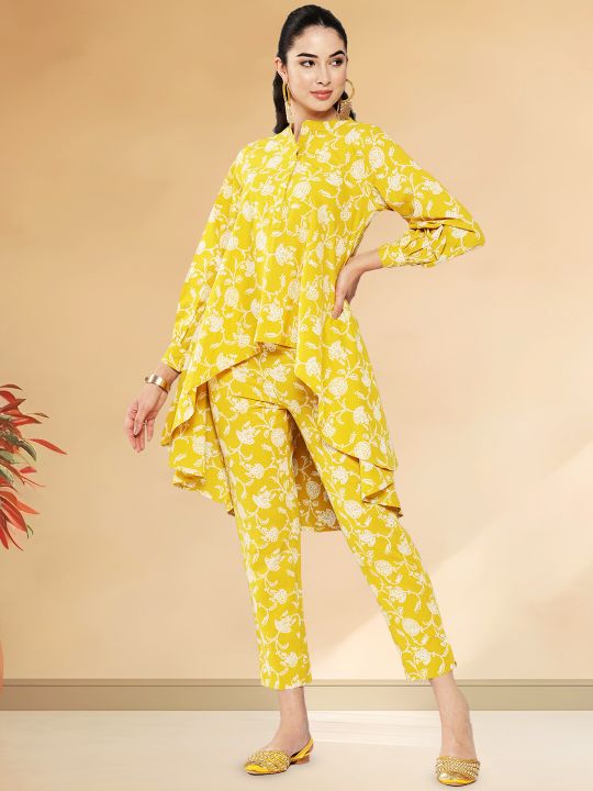 Floral Print Mustard Tunic and Pant Set