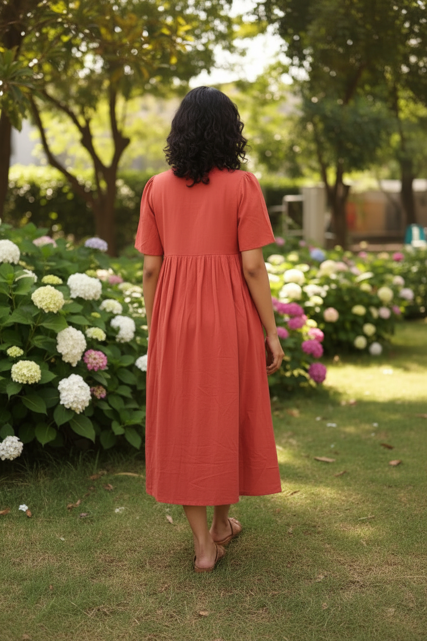 Custard Women's Rust Cotton Embroidered Midi Dress