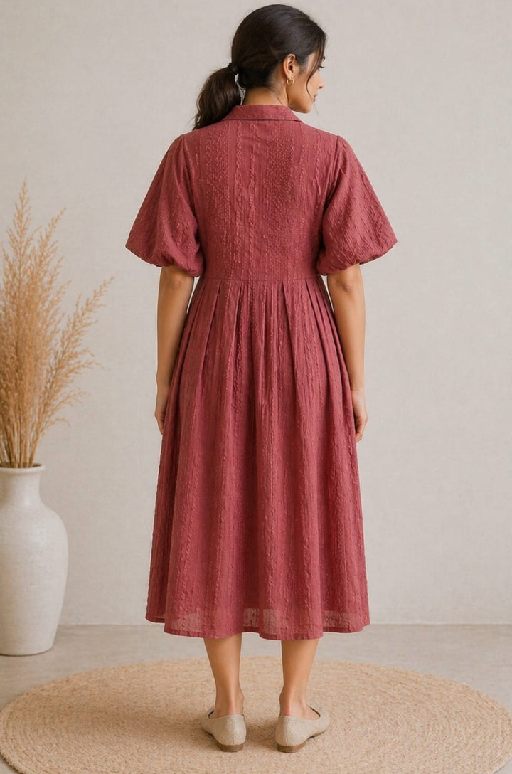 Custard Women's Light Maroon Cotton Embroidered Midi Dress