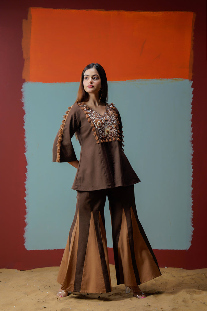 Cotton Brown Embroidered Top with Flared Palazzo Women Co-ord set