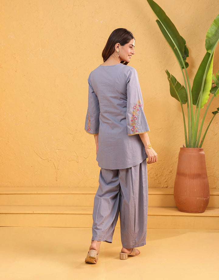 Custard Light Blue Floral Embroidered Kurta & Patiala Cotton Co-ord Set
