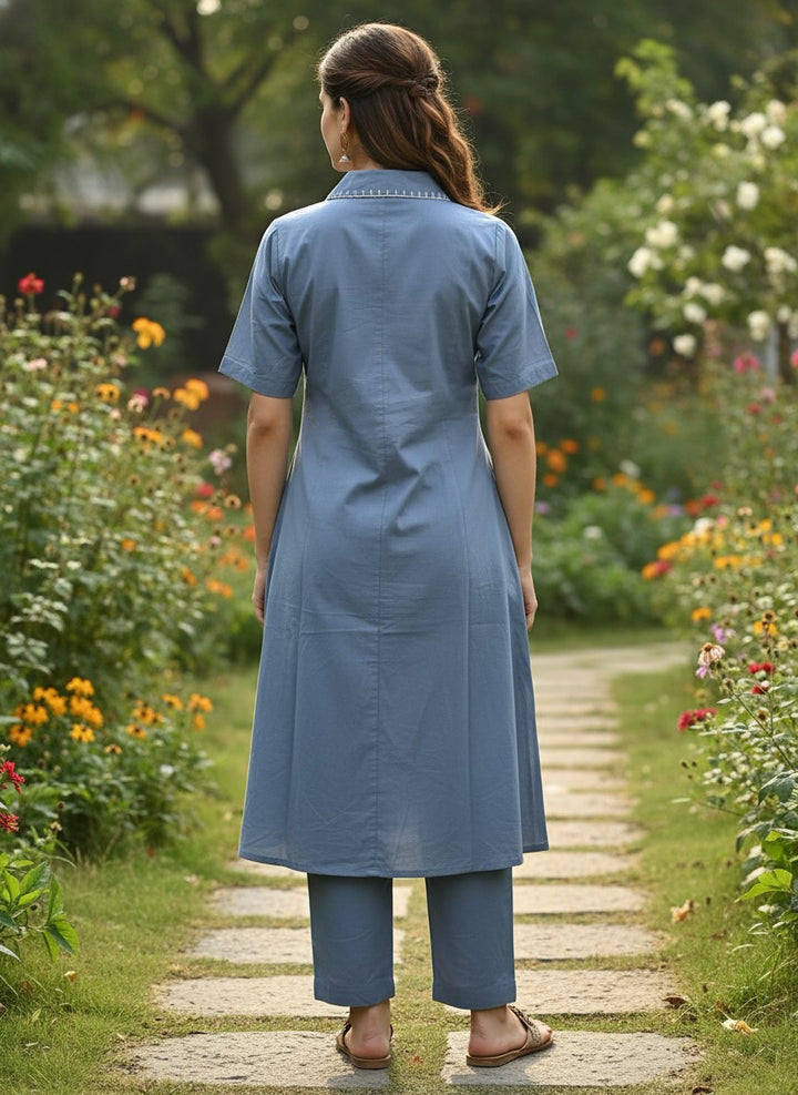 Custard Charm Blue Floral Embroidered Cotton  Kurta Set