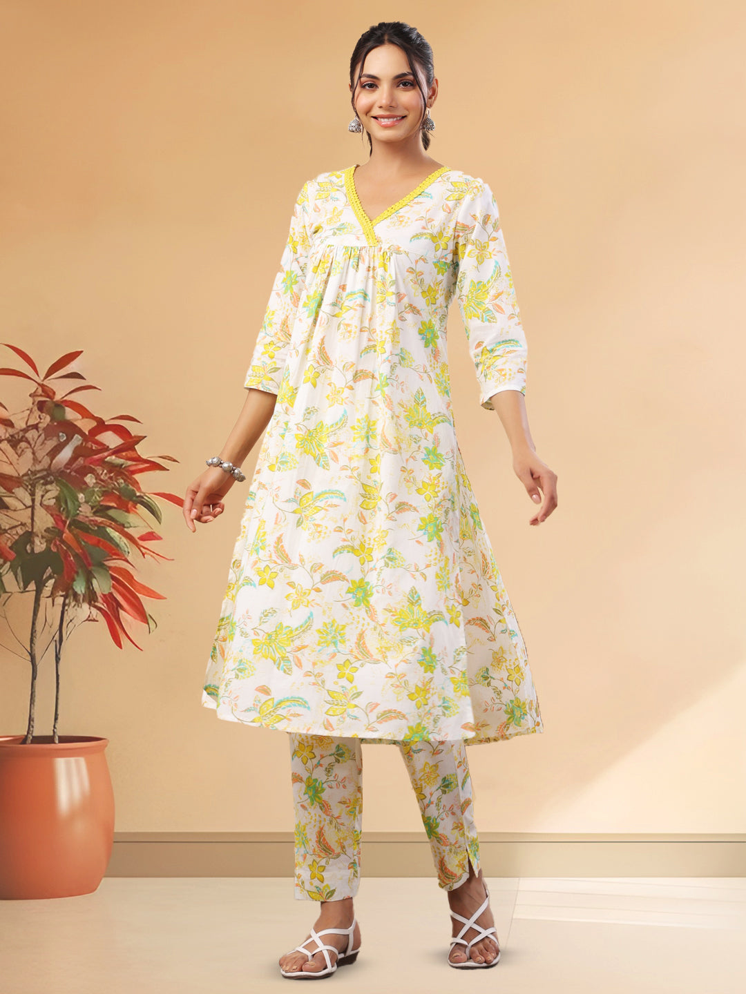 Elegant White Cotton Printed A-Line Kurta Set