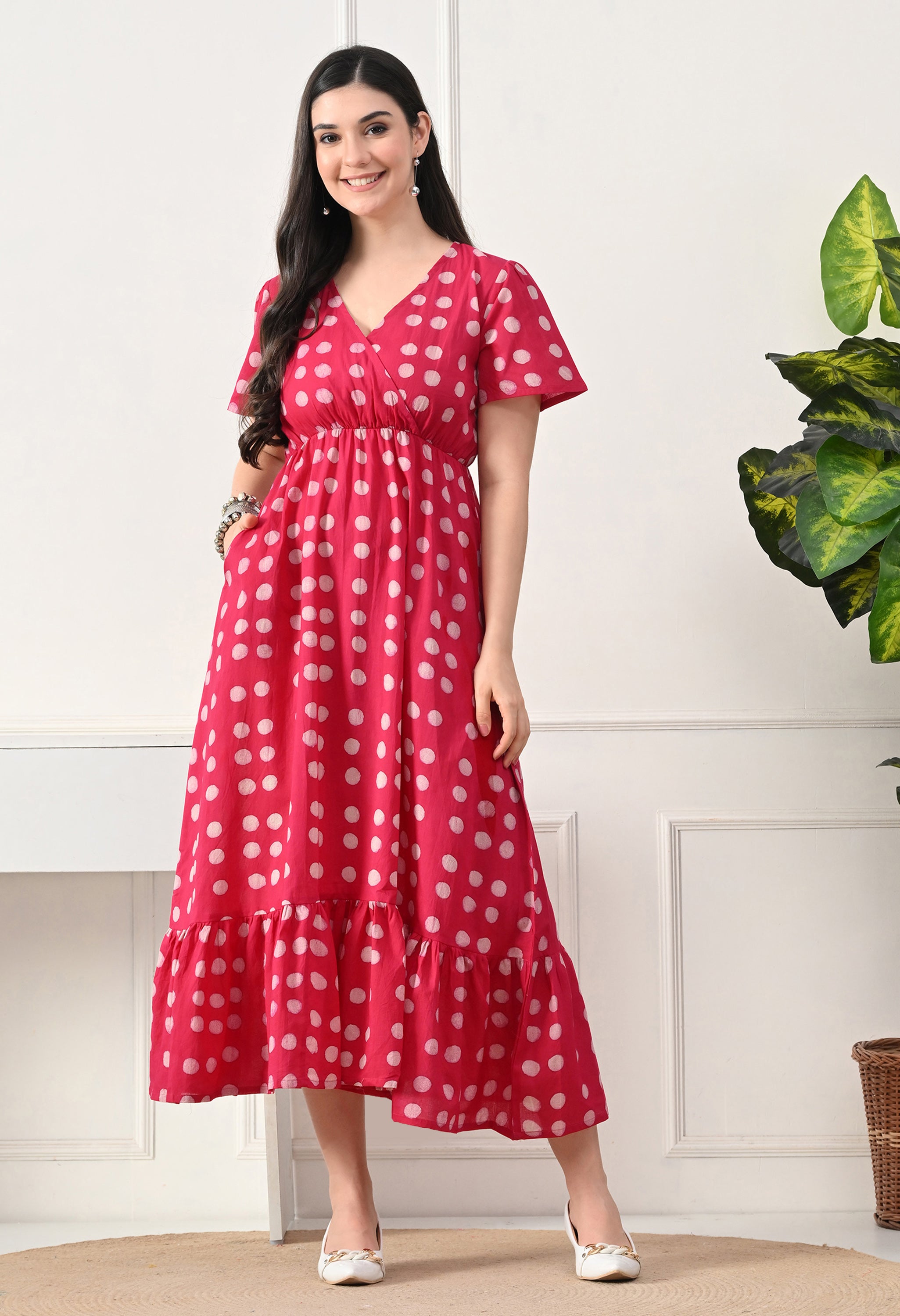 Pink Polka Dot Printed V neck Midi Cotton Wrap Dress for Women