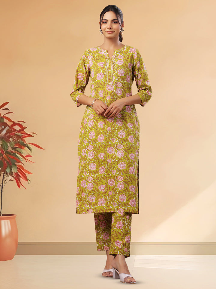 Lime Green Floral Cambric Kurta Set