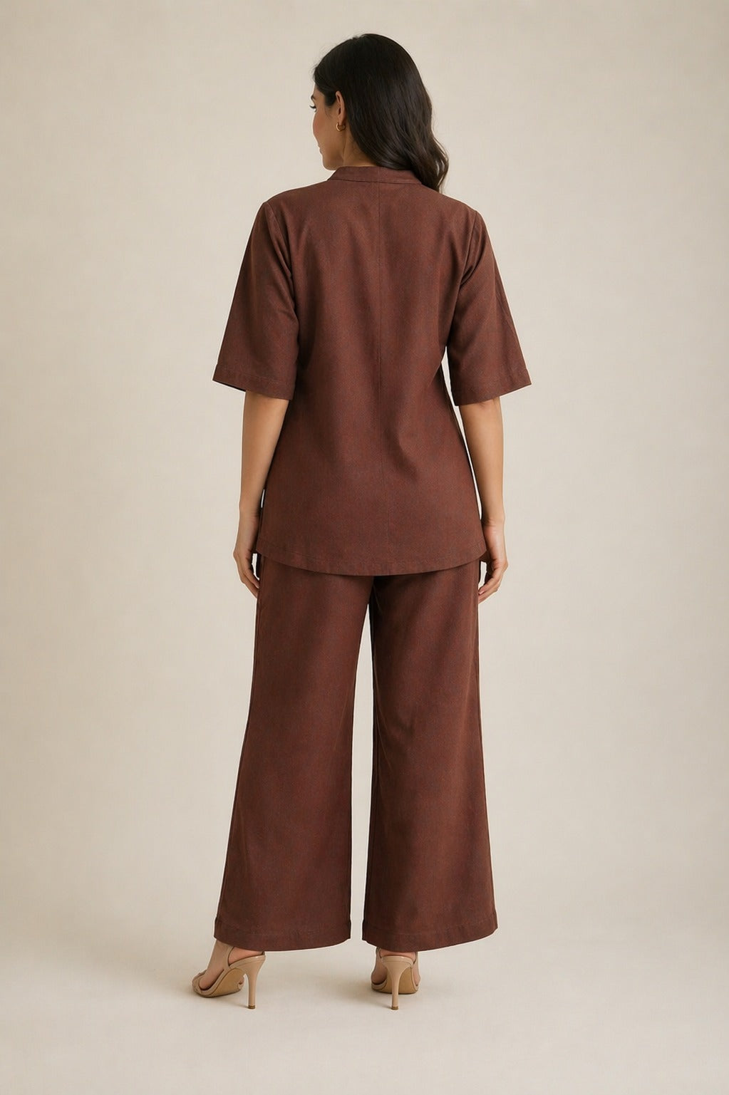 Custard Chocolate Brown Floral Embroidered Flex Co-ord Set