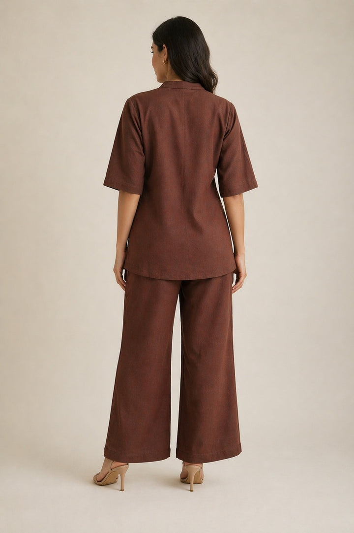 Custard Chocolate Brown Floral Embroidered Flex Co-ord Set