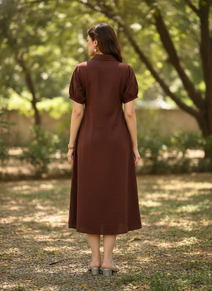Women Brown Cotton Embroidered Shirt Collar A-Line Midi Dress