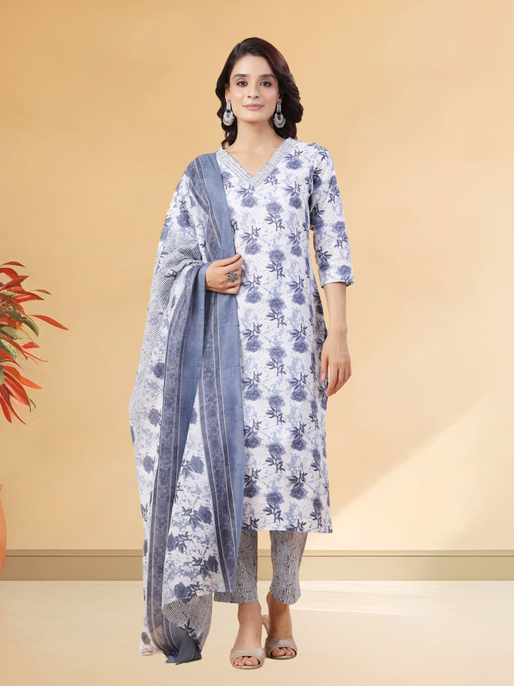 White and Blue Floral Cotton Blend Kurta Set