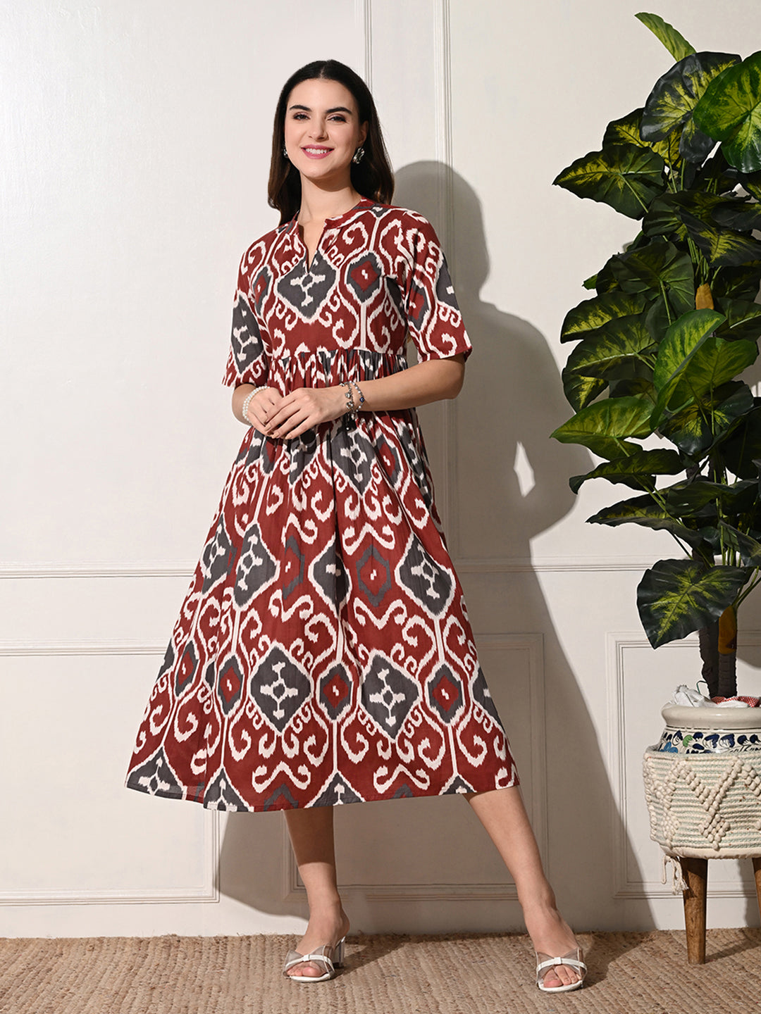 Brown Printed Band Collar Cotton Midi Dress for Women