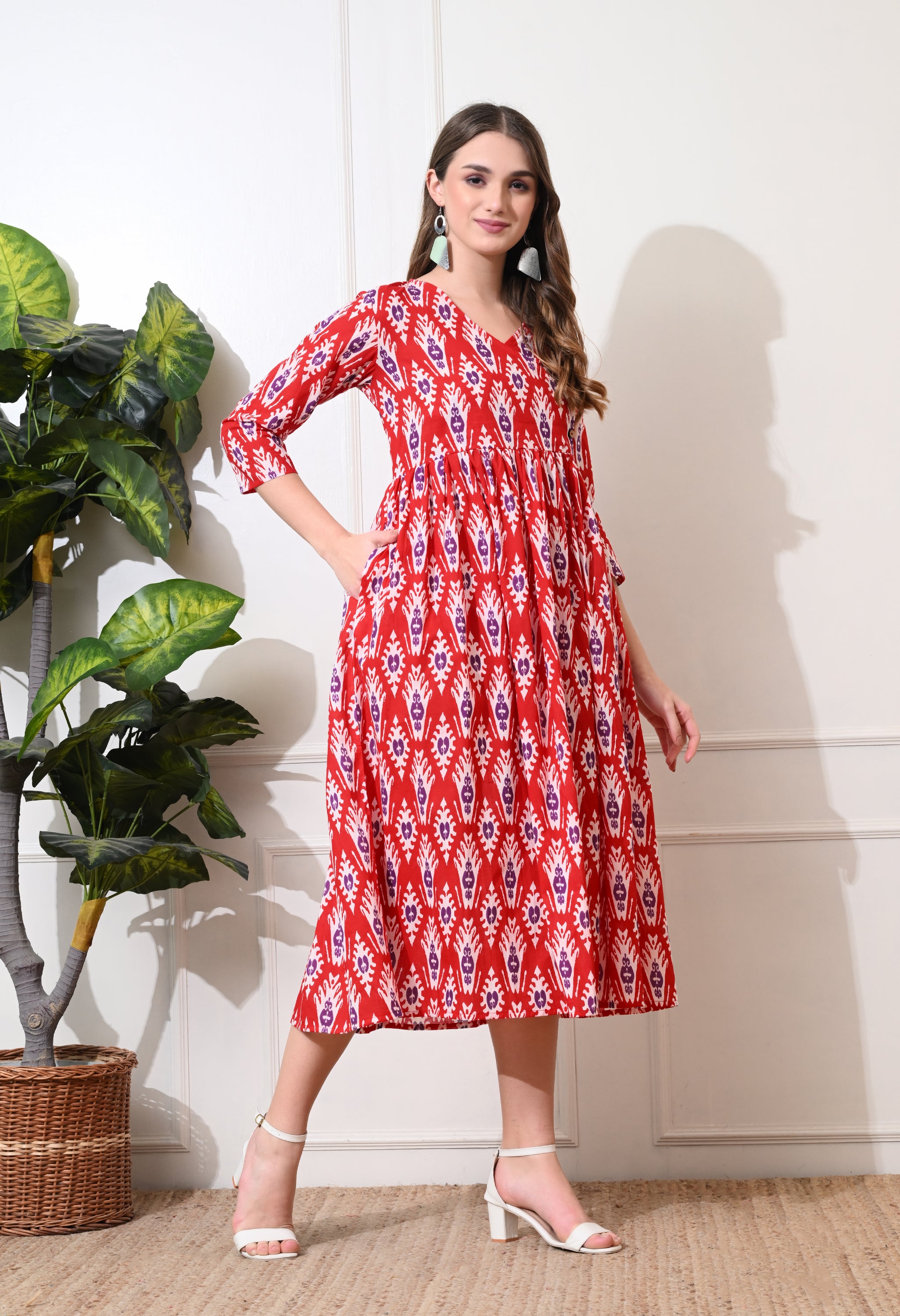 Red Printed V neck Midi Cotton Dress for Women