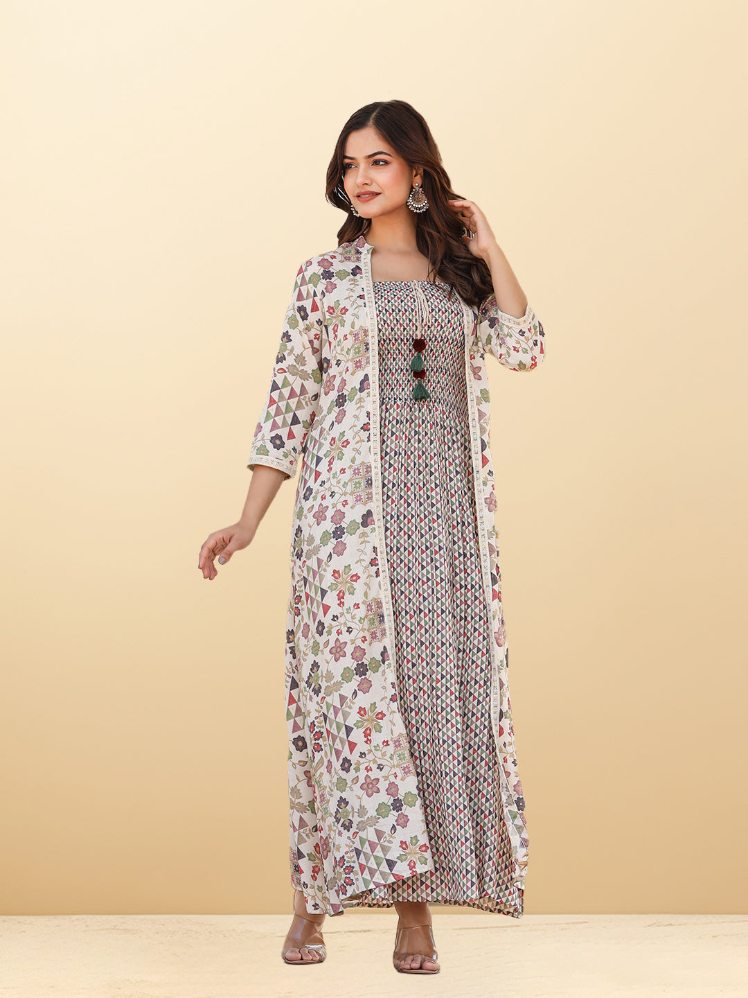 Versatile Printed Maxi Dress with a Stylish Shrug