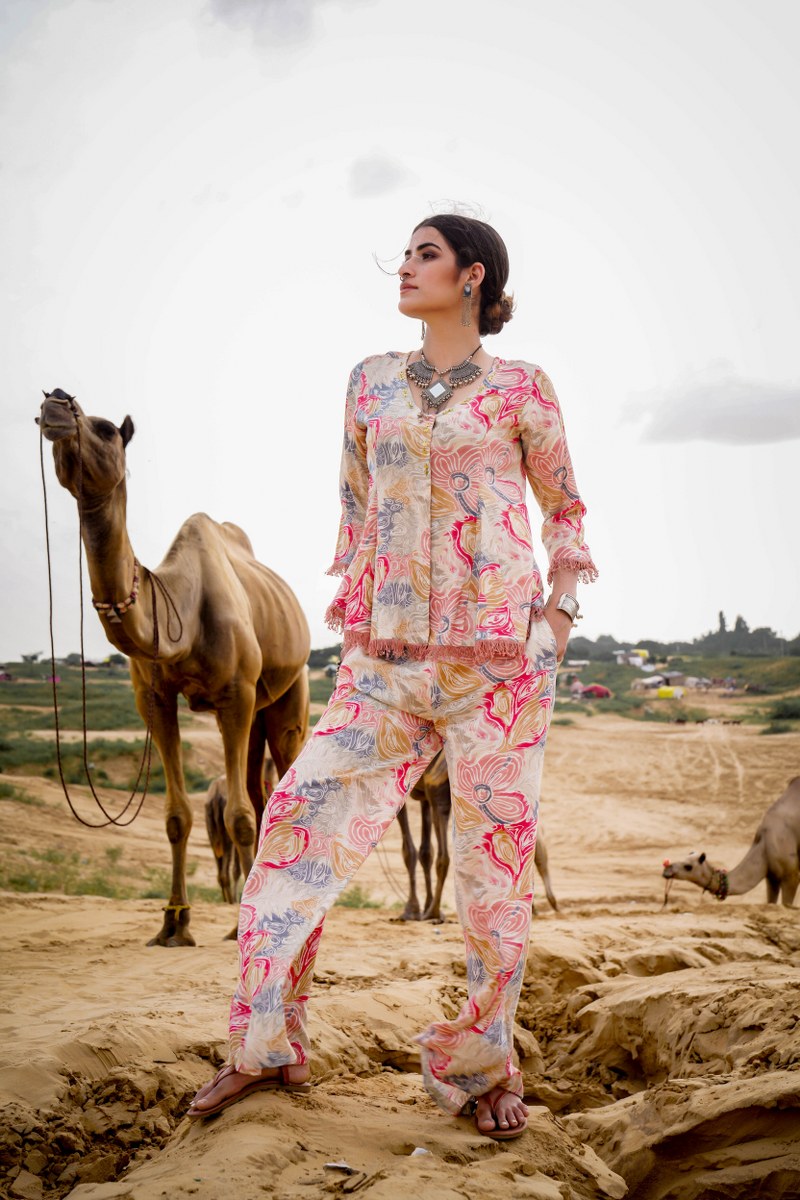 Floral Printed V-Neck Top With Trousers