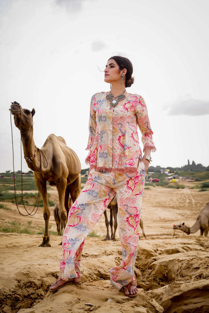 Floral Printed V-Neck Top With Trousers