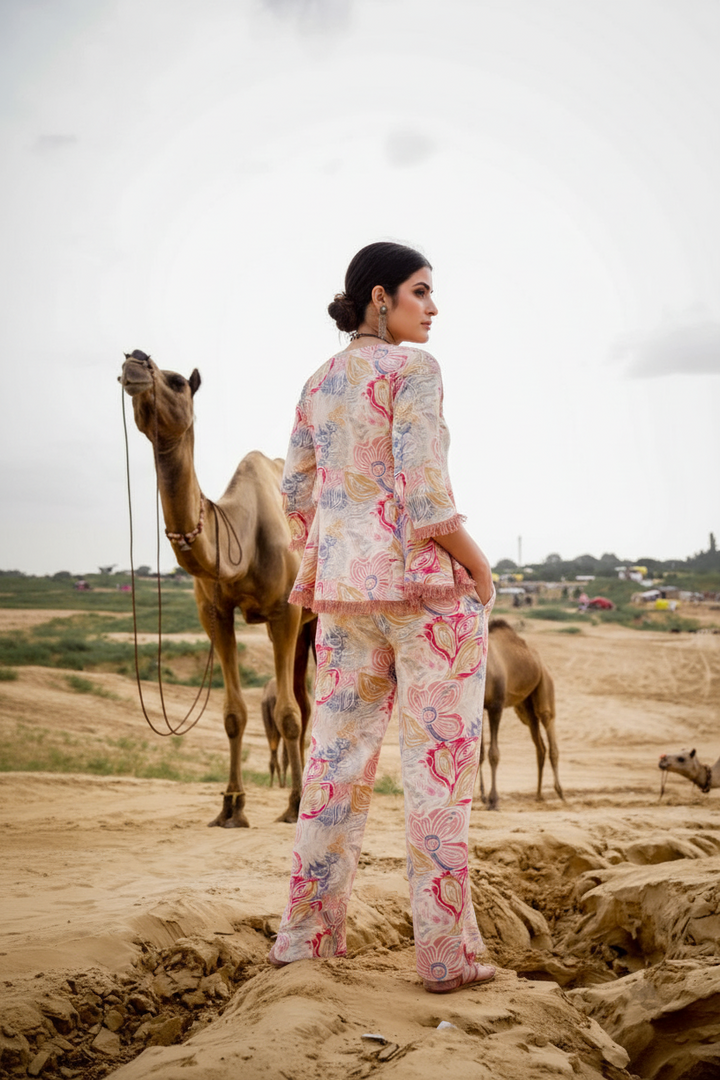 Floral Printed V-Neck Top With Trousers