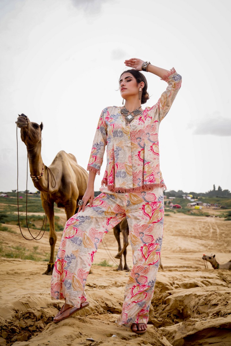 Floral Printed V-Neck Top With Trousers