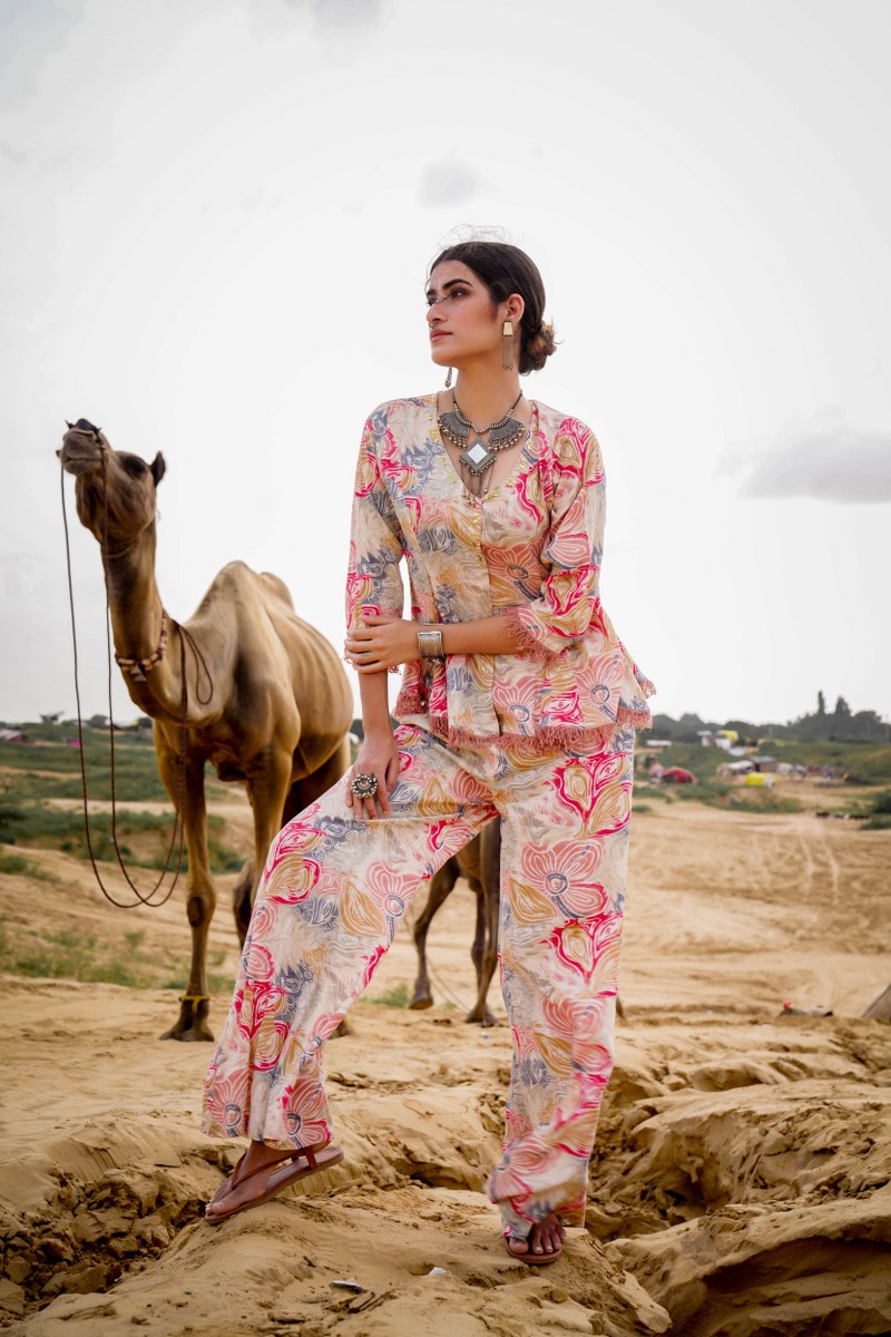 Floral Printed V-Neck Top With Trousers