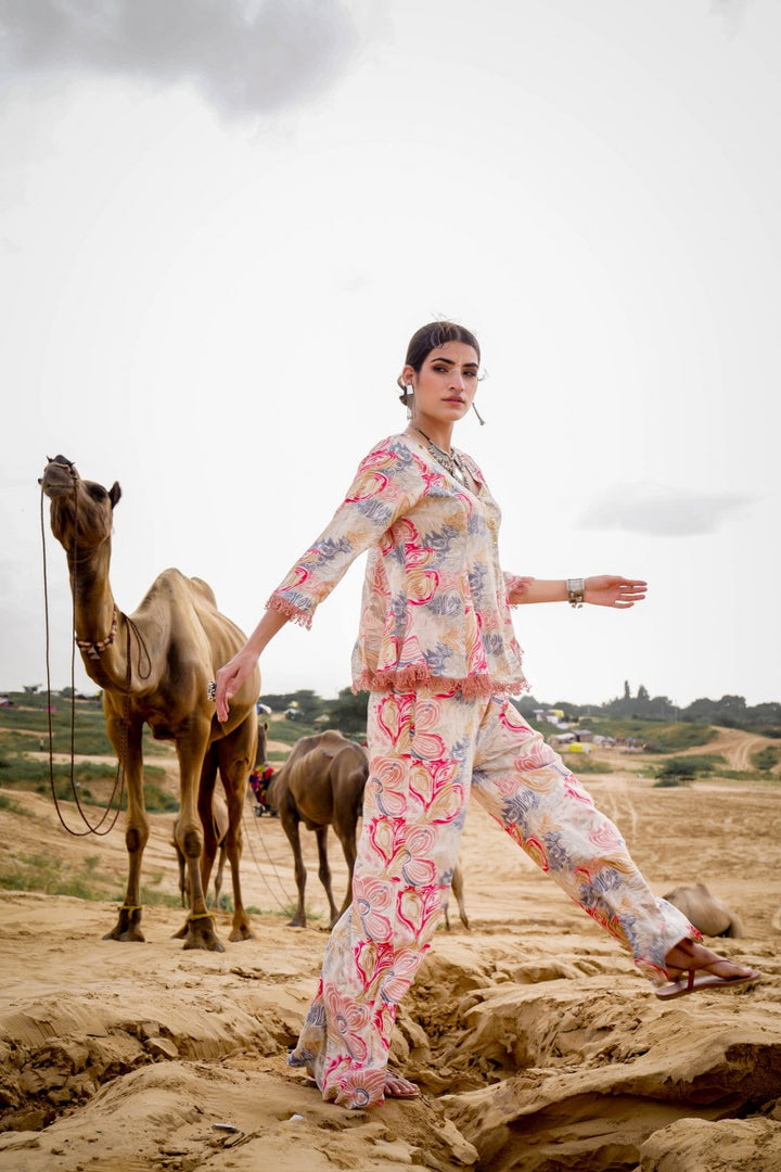 Floral Printed V-Neck Top With Trousers