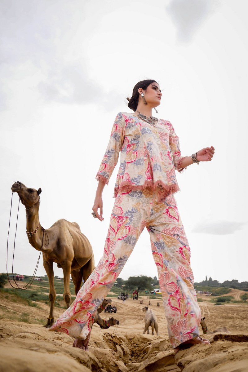 Floral Printed V-Neck Top With Trousers