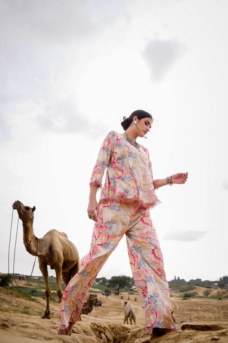 Floral Printed V-Neck Top With Trousers