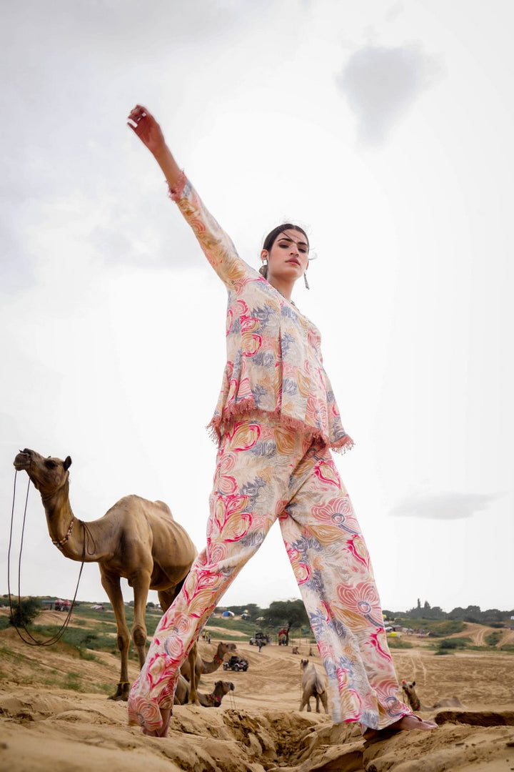 Floral Printed V-Neck Top With Trousers