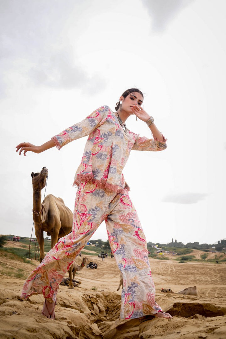 Floral Printed V-Neck Top With Trousers