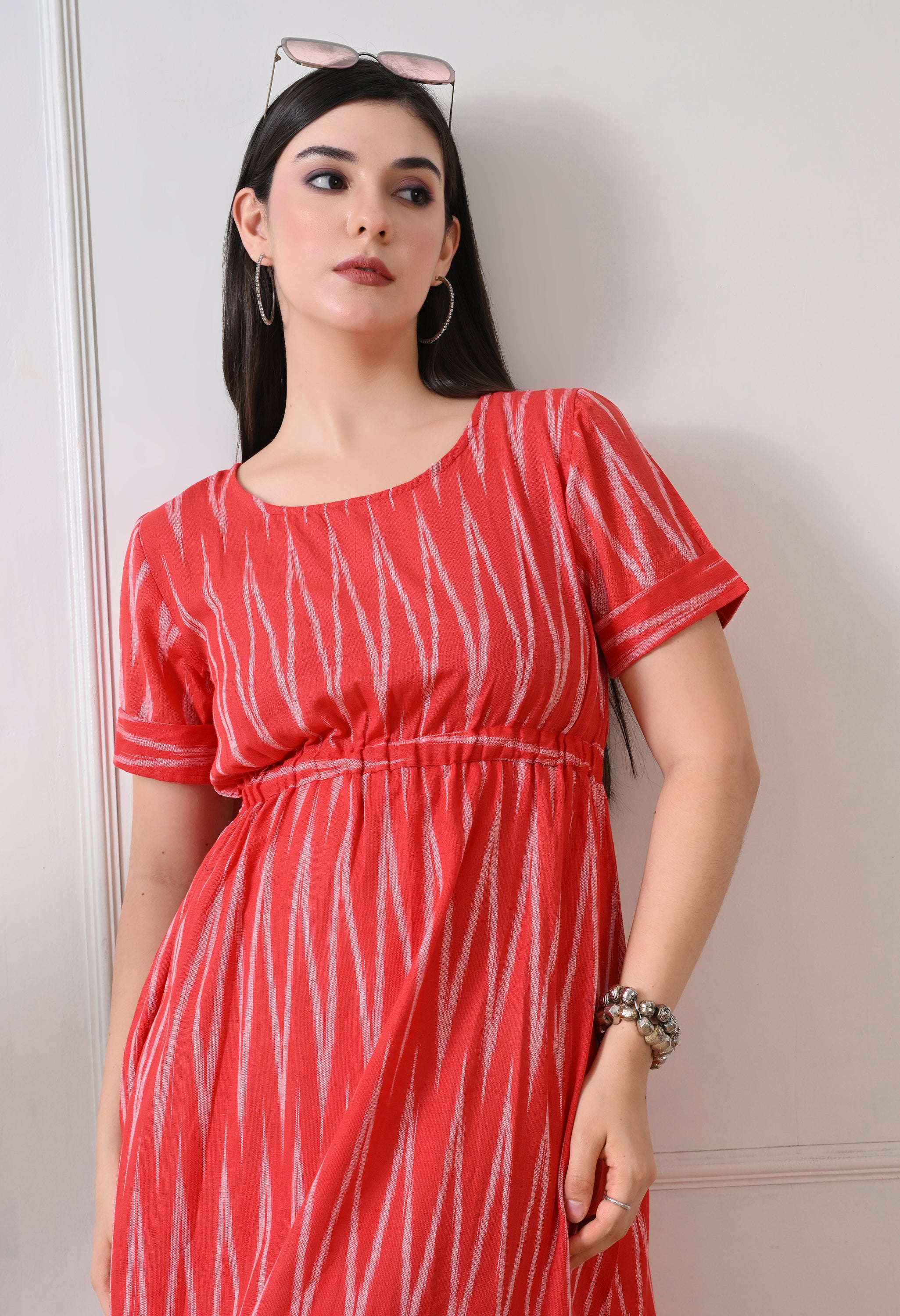 Orange Printed Round Neck Midi Cotton Dress for Women