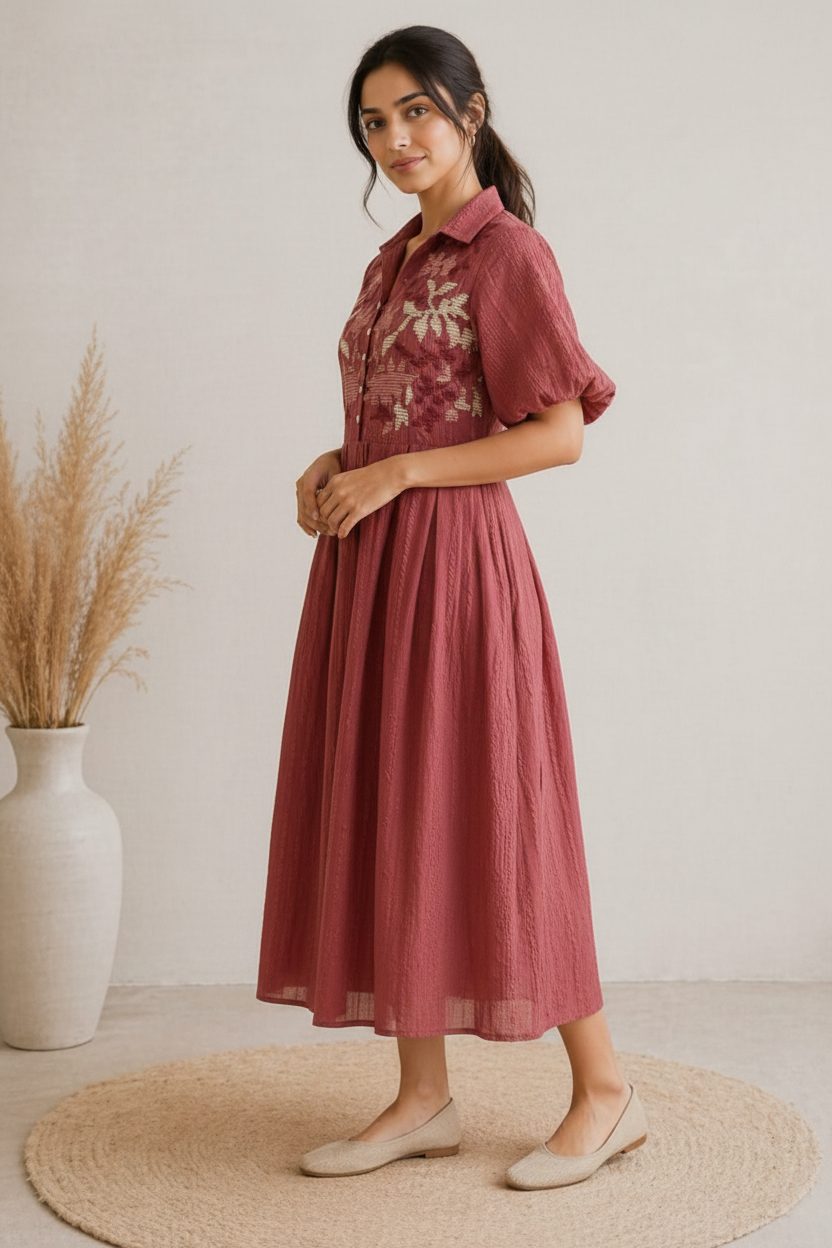 Custard Women's Light Maroon Cotton Embroidered Midi Dress
