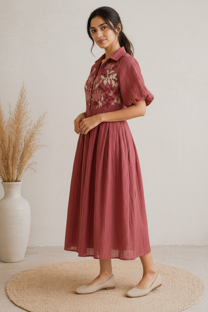 Custard Women's Light Maroon Cotton Embroidered Midi Dress