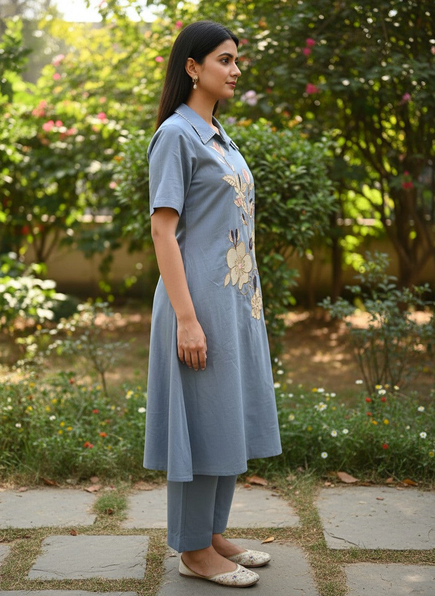 Custard Charm Blue Floral Embroidered Cotton  Kurta Set