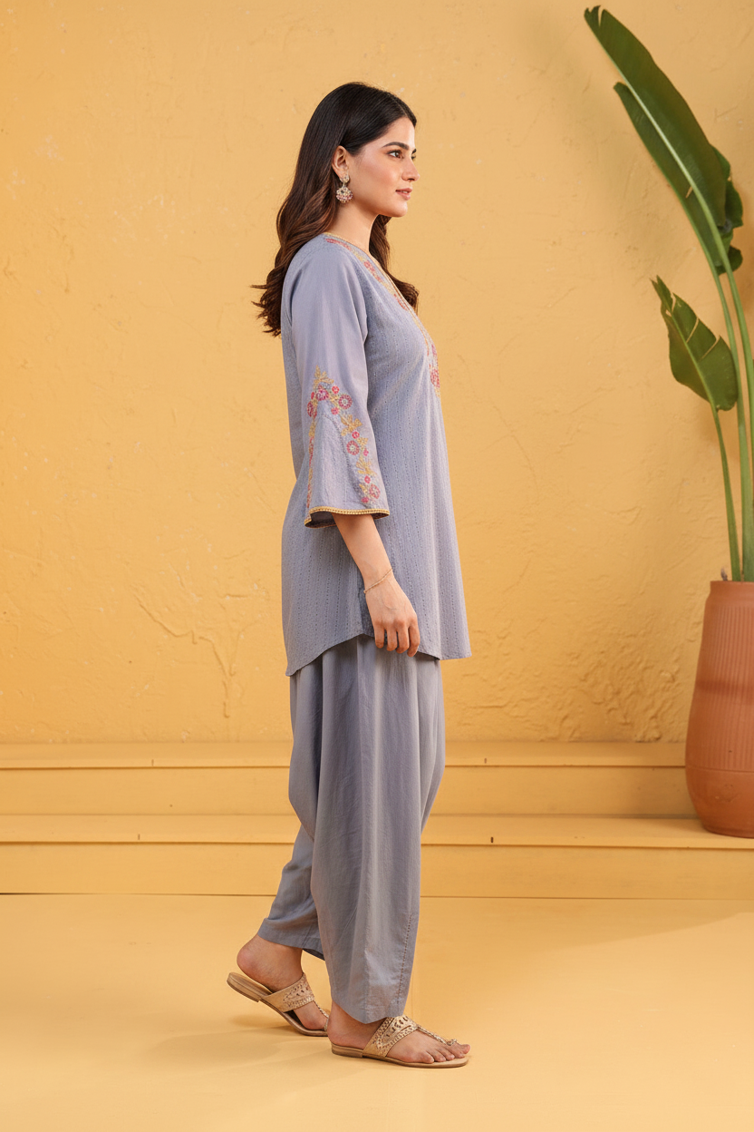 Custard Light Blue Floral Embroidered Kurta & Patiala Cotton Co-ord Set