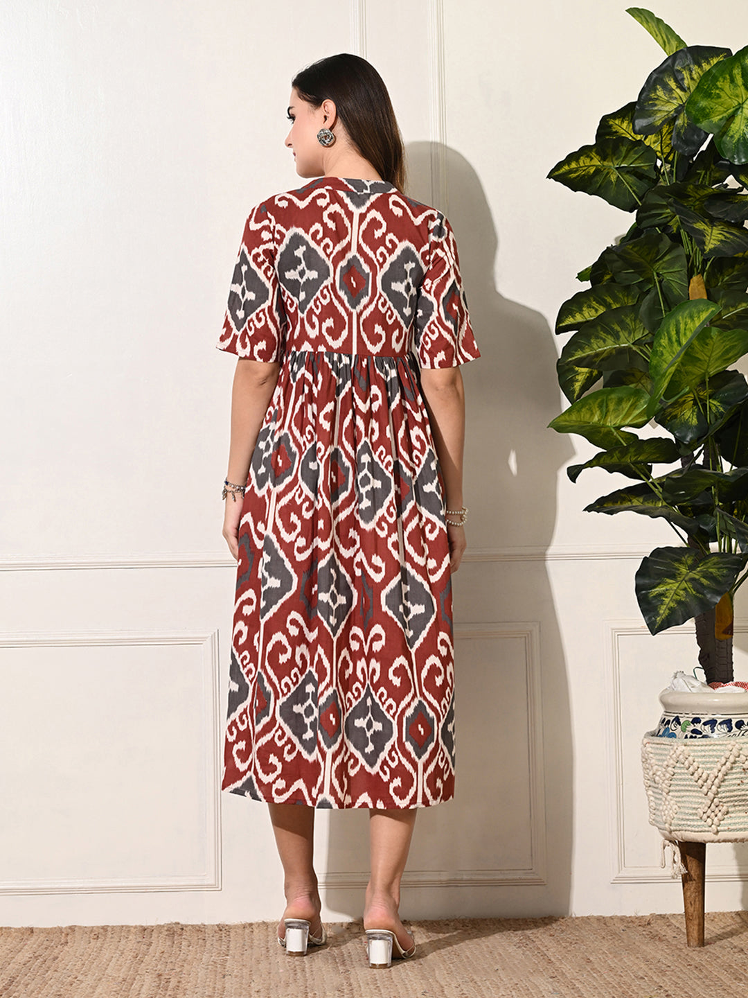 Brown Printed Band Collar Cotton Midi Dress for Women