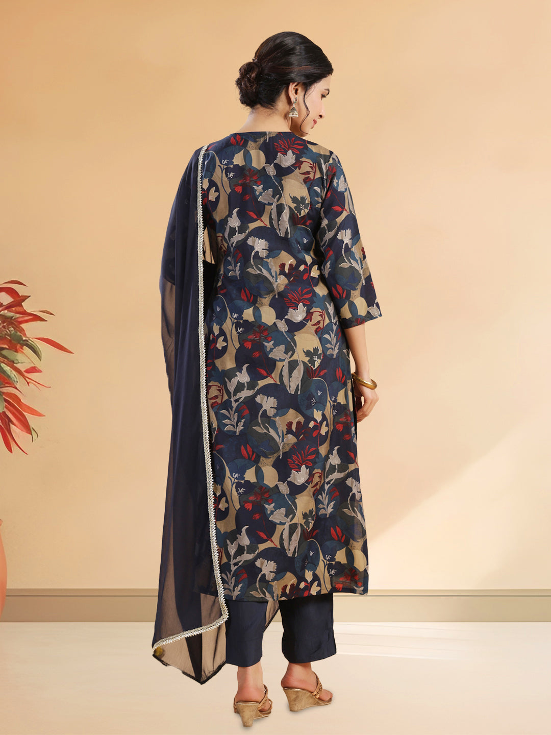 Navy Blue Poly Chanderi Kurta Set with Floral Print