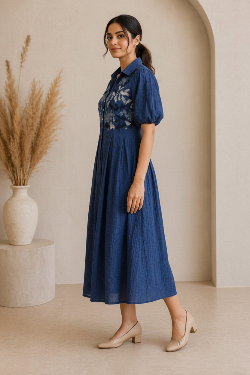 Custard Women's Navy Blue Cotton Embroidered Midi Dress