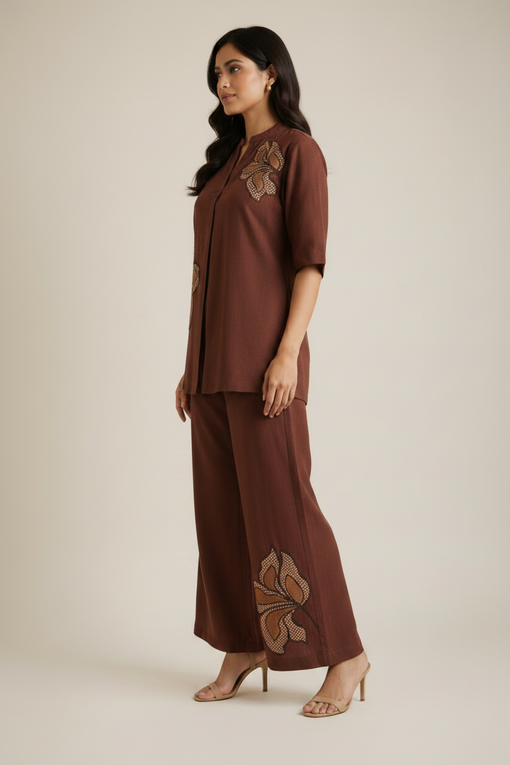 Custard Chocolate Brown Floral Embroidered Flex Co-ord Set
