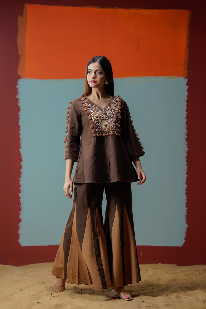 Cotton Brown Embroidered Top with Flared Palazzo Women Co-ord set
