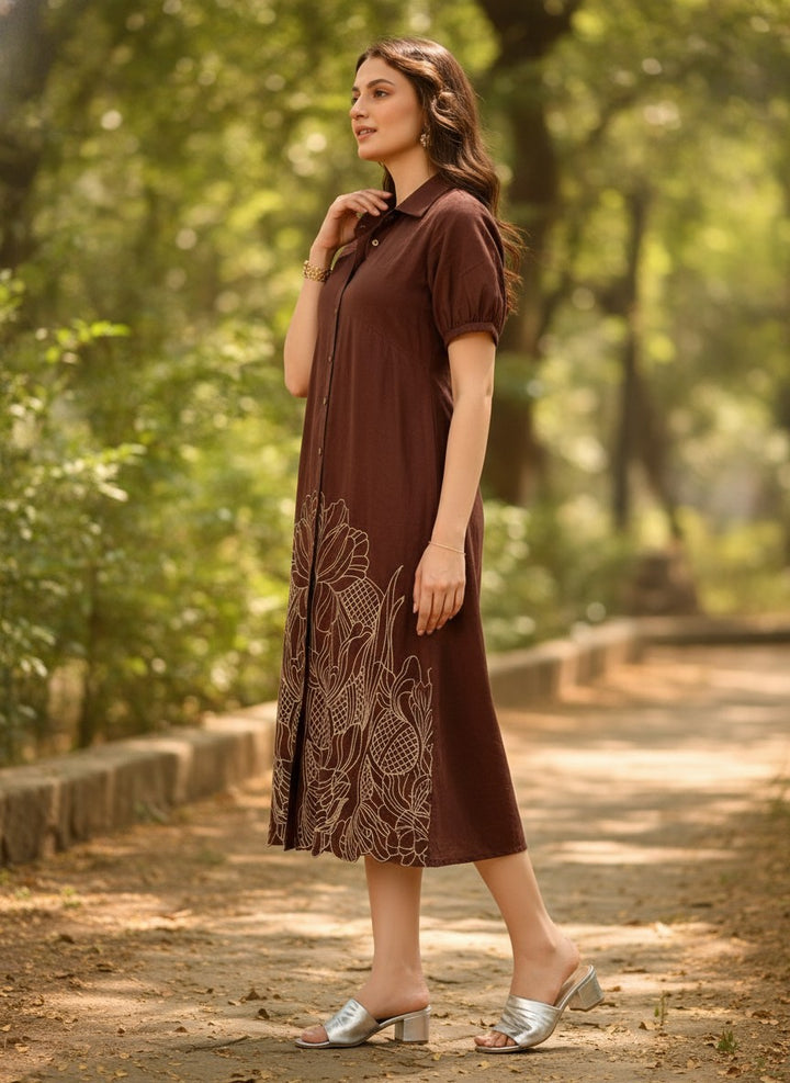 Women Brown Cotton Embroidered Shirt Collar A-Line Midi Dress