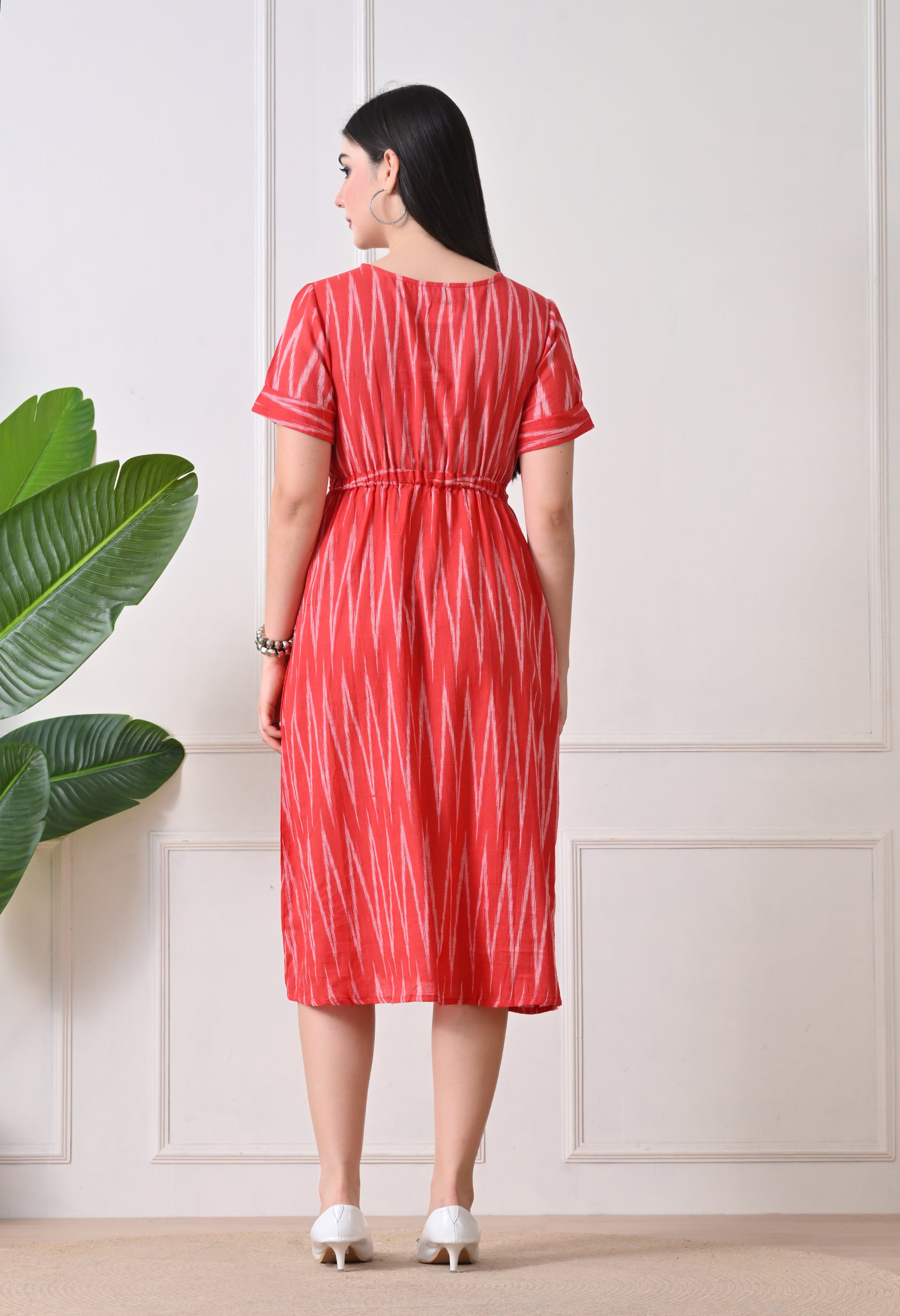 Orange Printed Round Neck Midi Cotton Dress for Women