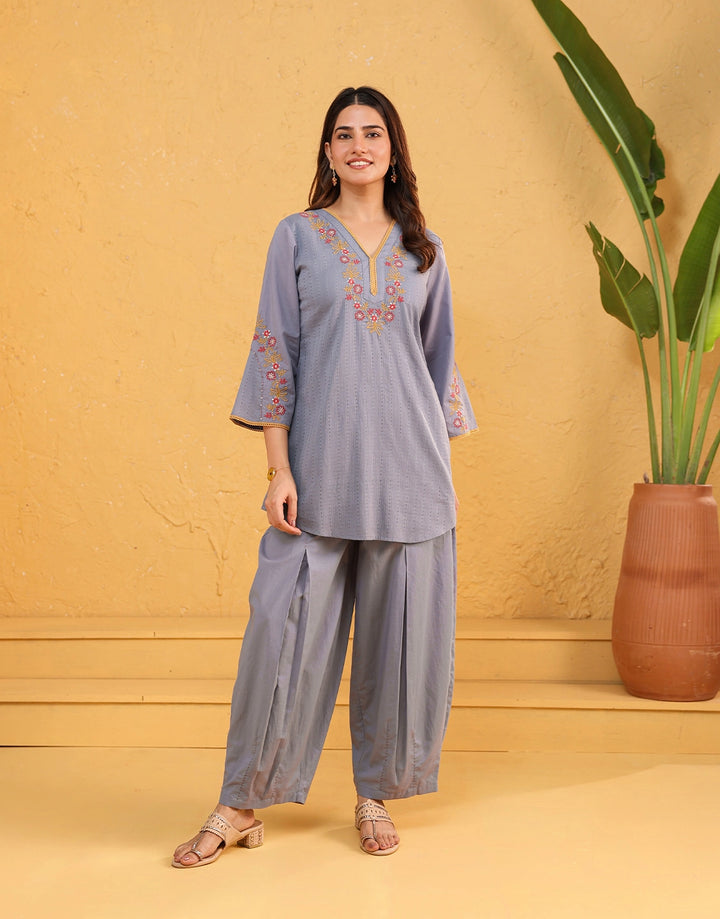 Custard Light Blue Floral Embroidered Kurta & Patiala Cotton Co-ord Set
