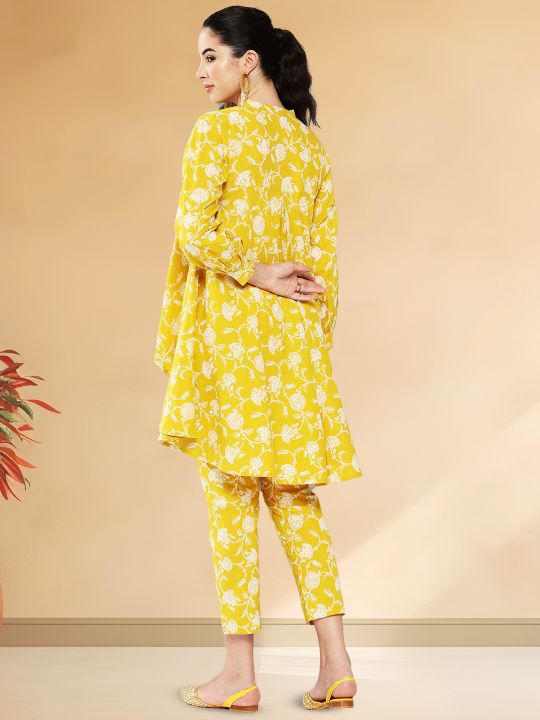 Floral Print Mustard Tunic and Pant Set