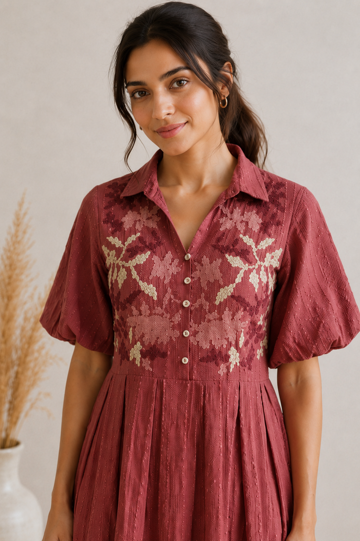 Custard Women's Light Maroon Cotton Embroidered Midi Dress