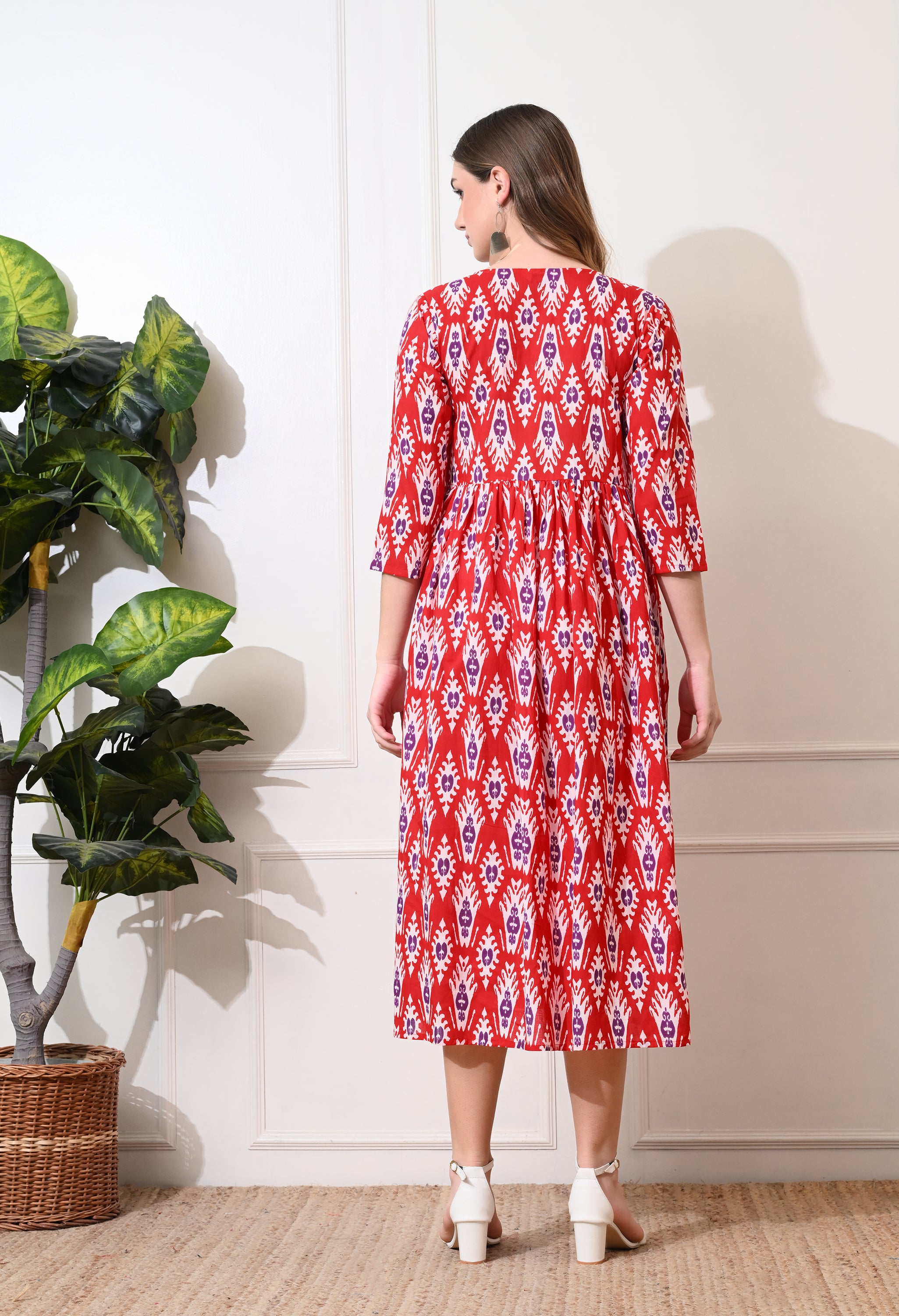 Red Printed V neck Midi Cotton Dress for Women