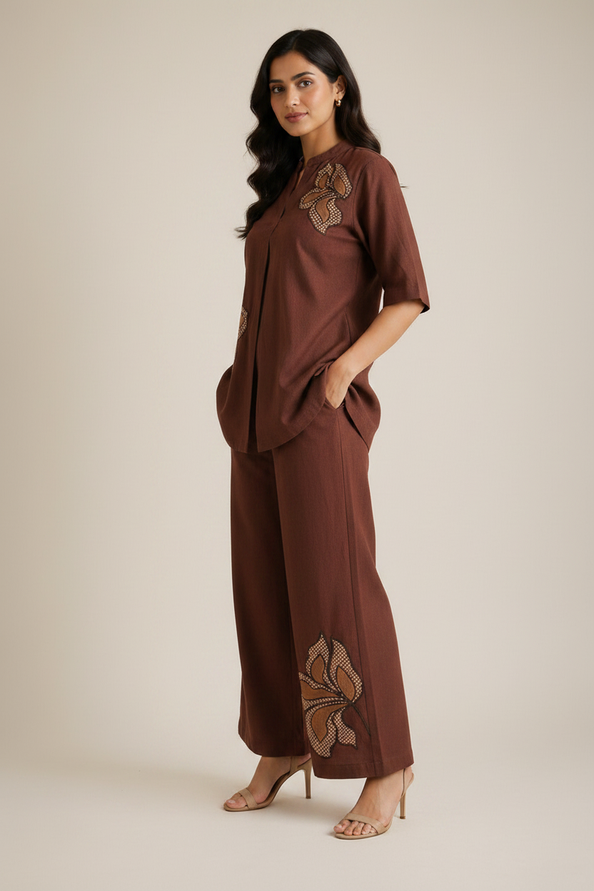 Custard Chocolate Brown Floral Embroidered Flex Co-ord Set